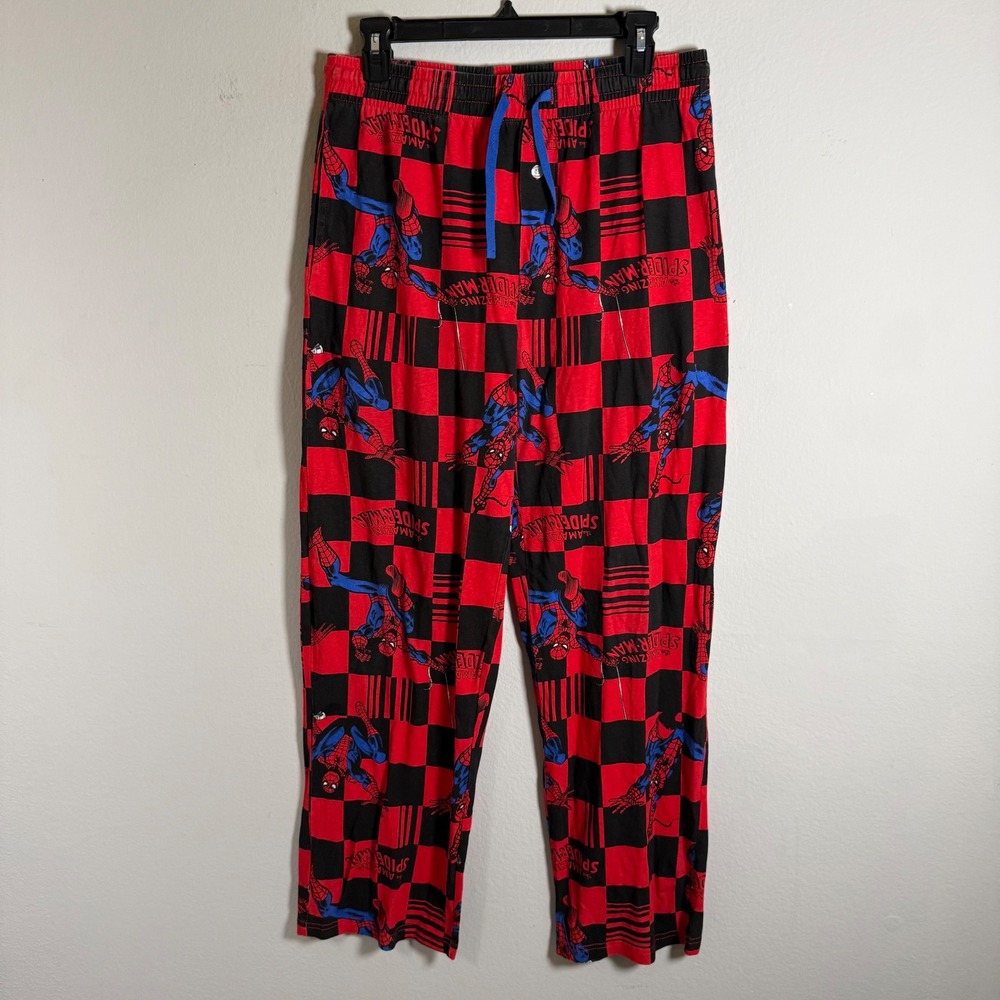 Marvel Spider-Man Pajama Pants Mens Small Red Black Checkerboard Cotton Lounge